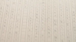 生徒の体験記「真剣な姿勢」。実際の作文用紙に書かれた直筆の感想文。