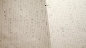 「一つのものを」と題された卒塾生の作文で実際の作文用紙に綺麗な文字で簡潔に書かれています